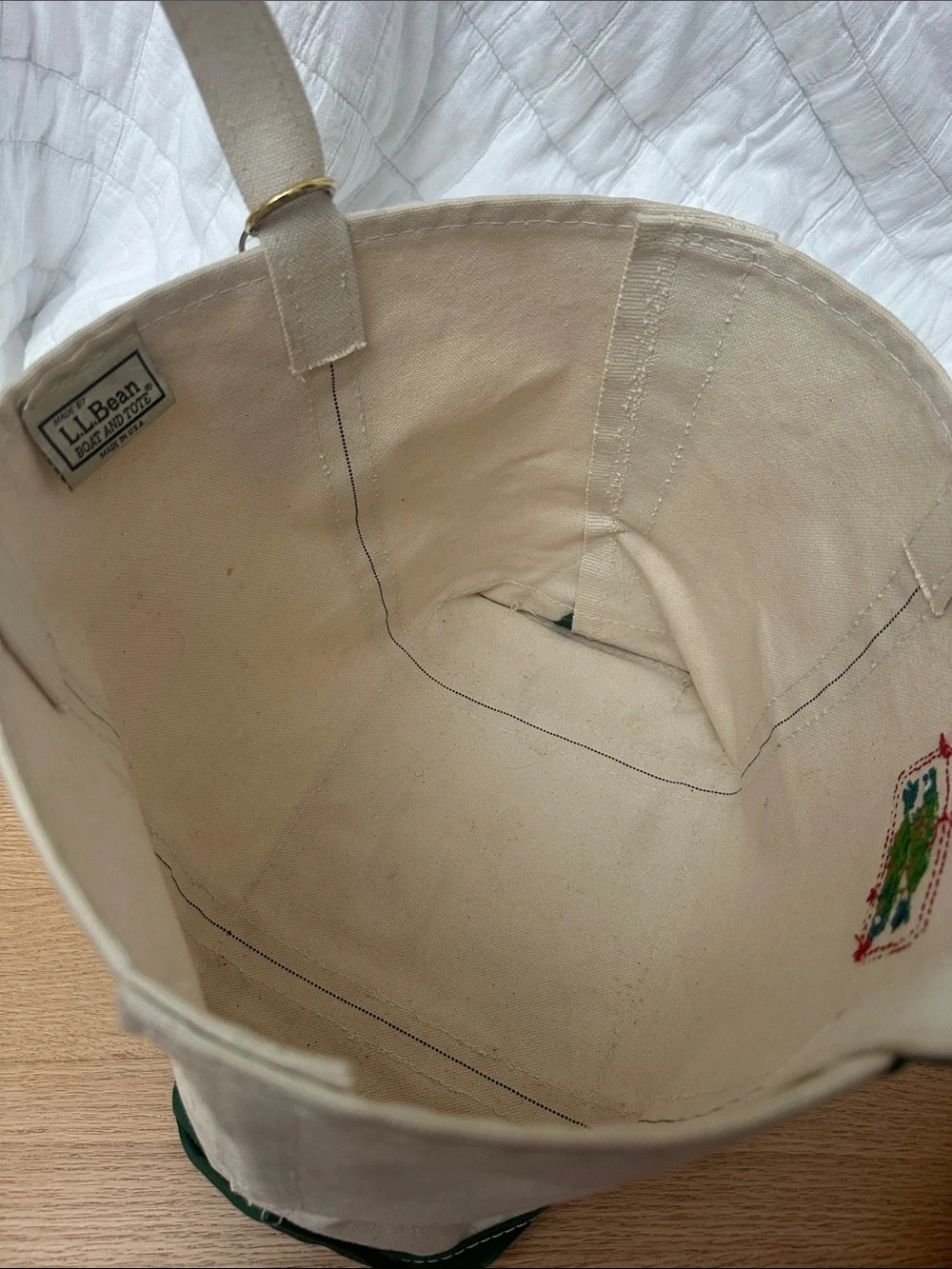 L.L. Bean Cream Canvas Medium Tote with Hand Embroidery & Mini Tote Charm
